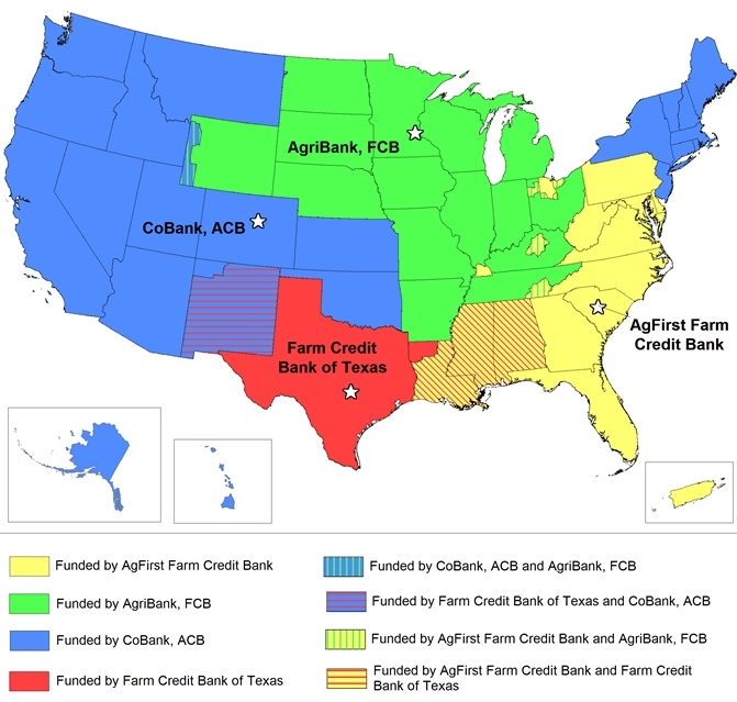 A map of the Farm Credit Bank districts. Debt issued by these banks funds agricultural loans nationwide and is exempt from state and local income taxes.