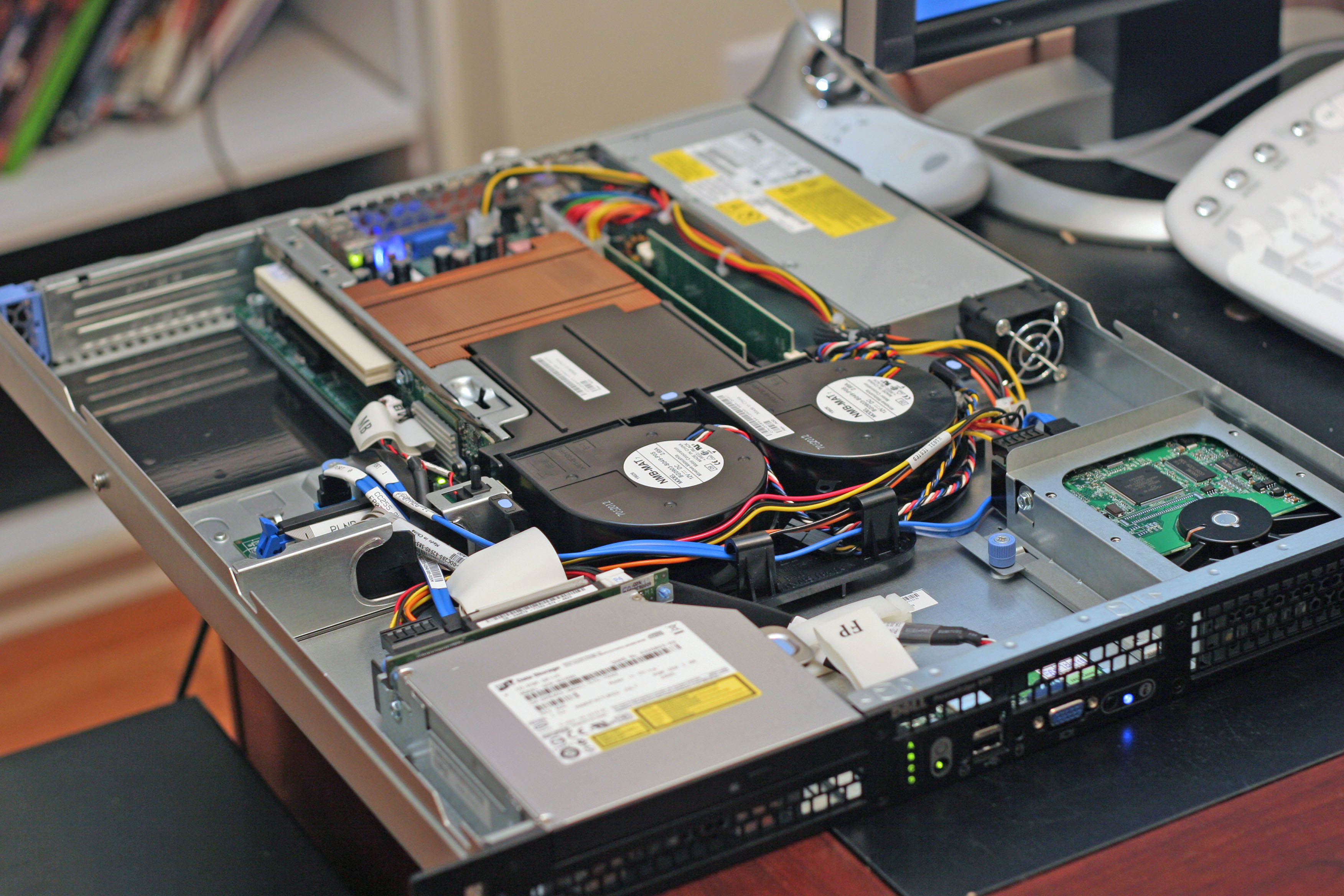 Internal view of a rack-mountable server. EC2 instance store volumes reside on the physical host's internal disks, providing lower latency than network-attached EBS volumes.