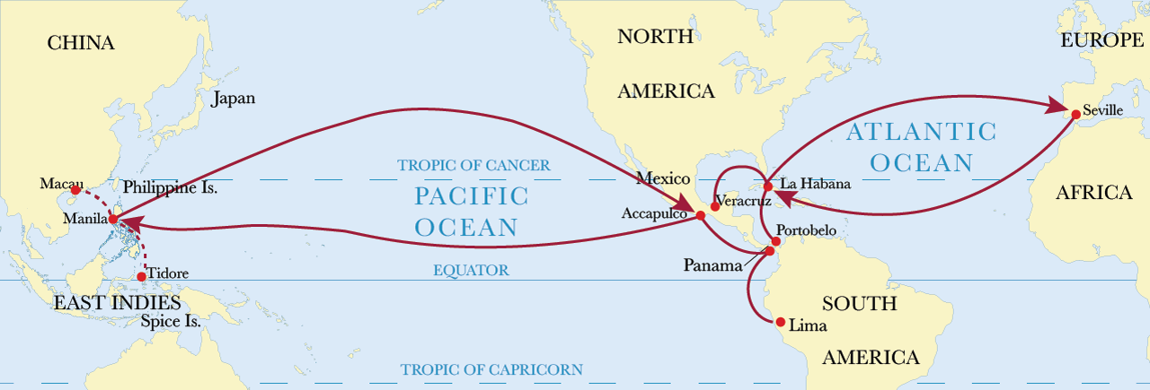 Map of the Manila-Acapulco galleon trade route. This network created the first truly global economy, transporting vast quantities of New World silver across the Pacific Ocean to trade for Asian luxury goods.