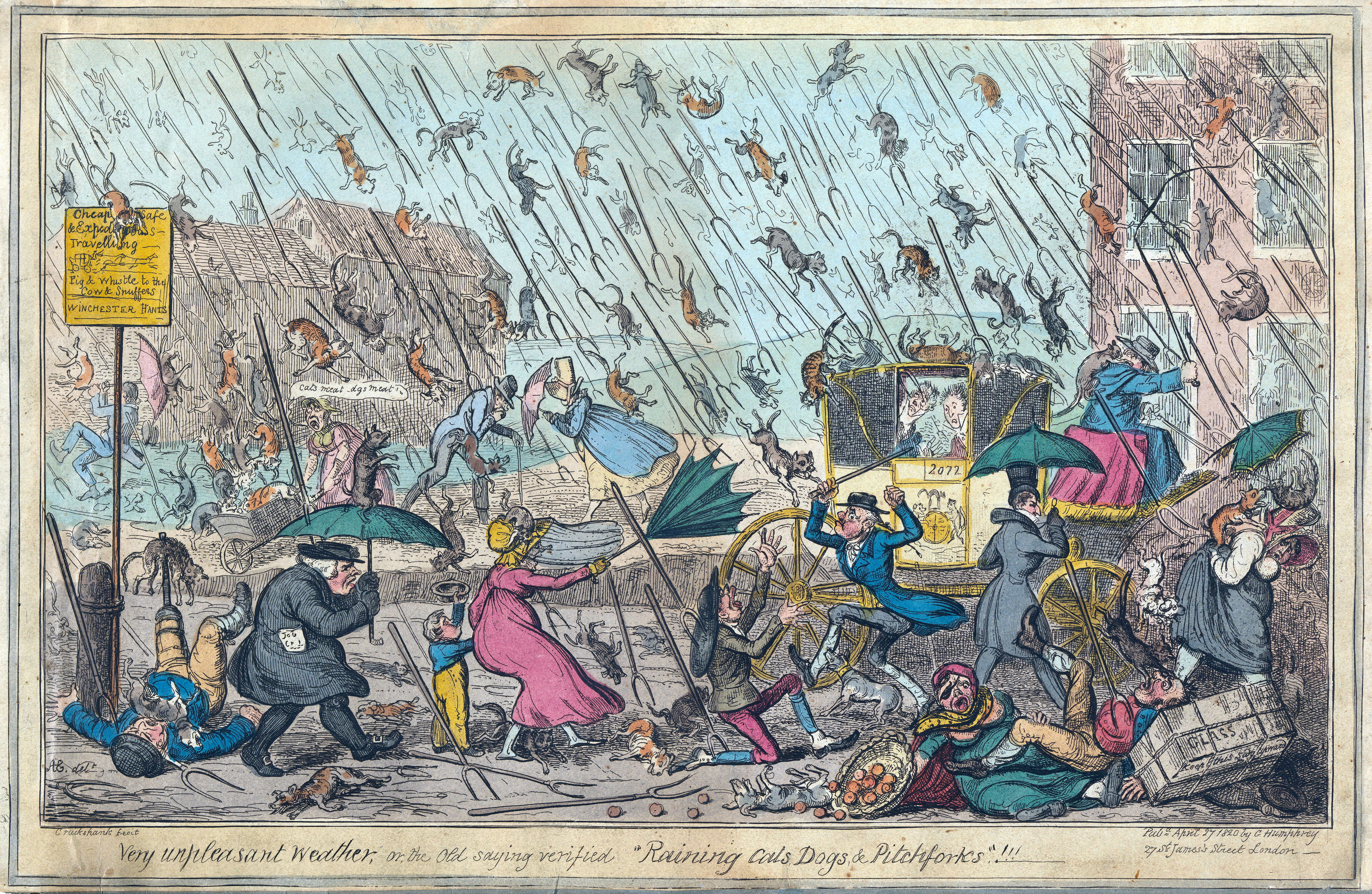 A 19th-century illustration taking the phrase "raining cats and dogs" literally. Because idiomatic phrases rely on established cultural shorthand rather than literal denotations, their true meanings cannot be deduced by defining the individual words.