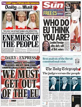 UK newspaper front pages the morning after the November 2016 High Court ruling that triggering Article 50 required an Act of Parliament — the decision that became Miller I on appeal to the Supreme Court.