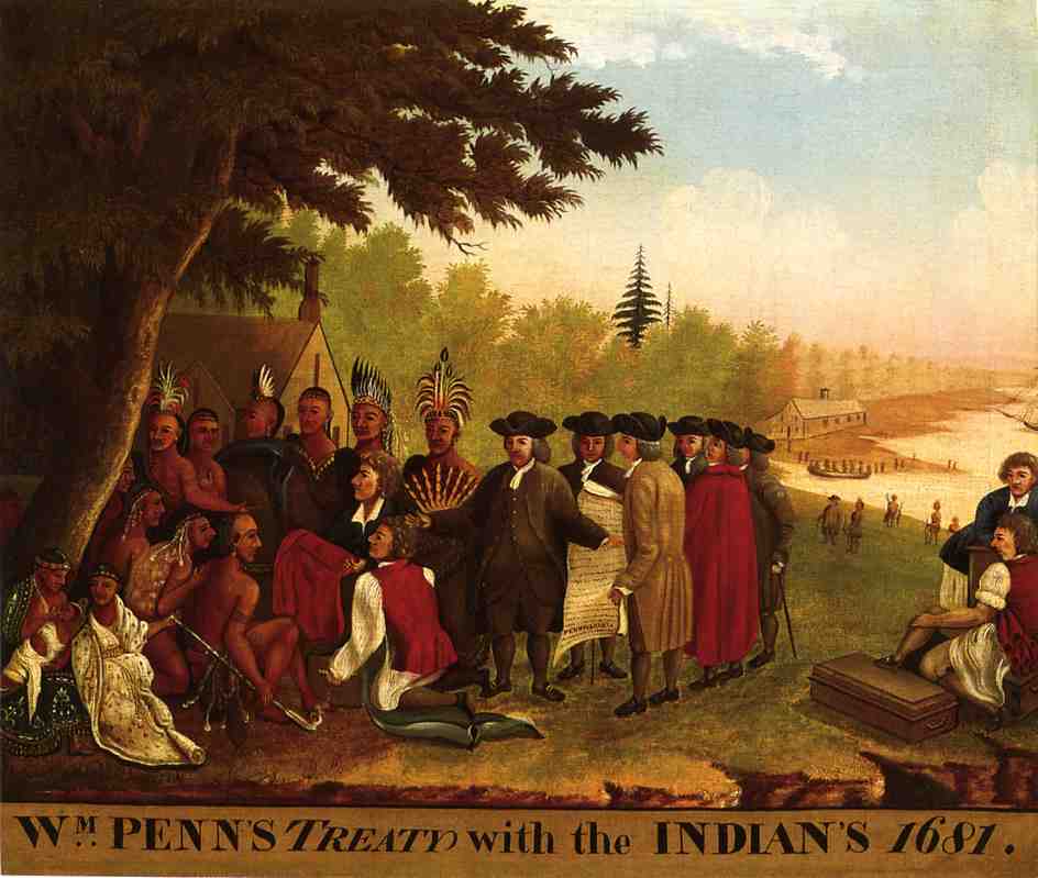 Penn's Treaty with the Indians, an 1847 painting by Edward Hicks. William Penn's Quaker beliefs deeply influenced Pennsylvania's early policies of pacifism and cooperative relations with Native Americans.