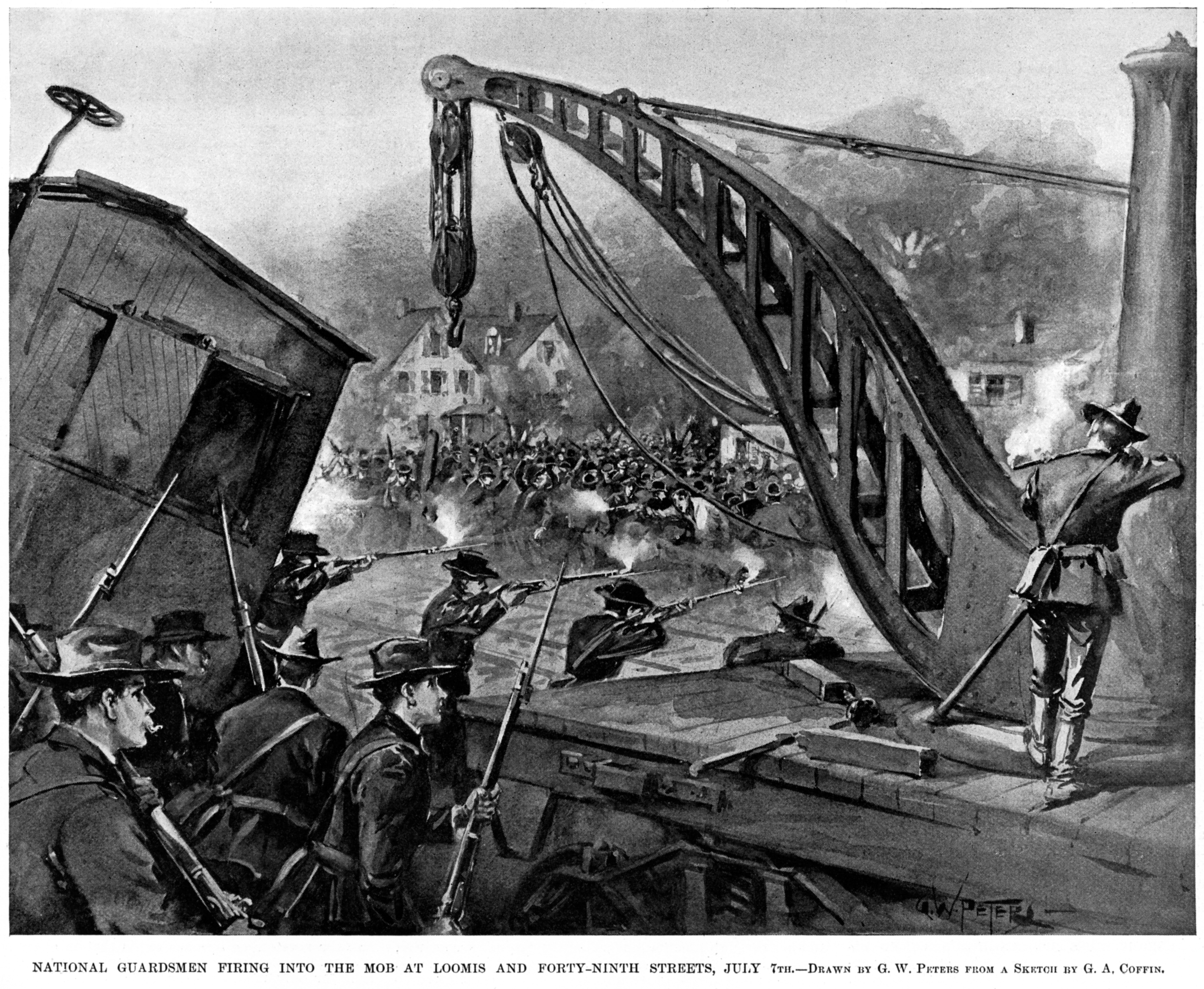 An 1894 illustration depicting the Illinois National Guard firing on striking rail workers during the Pullman Strike, demonstrating the violent nature of late 19th-century labor disputes.