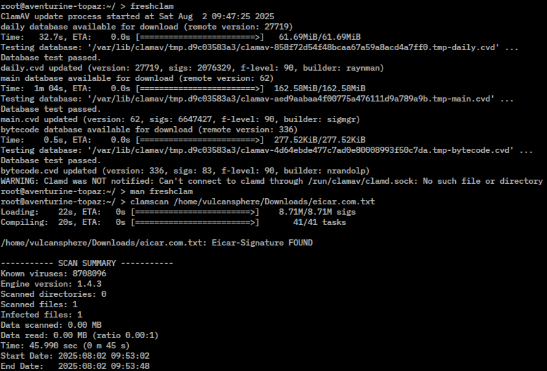 A command-line antivirus scanner updating its virus signature definitions and comparing files against known malicious signatures and hashes.