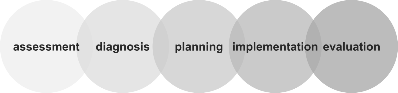 Diagram of the five-phase nursing process. The cognitive work of assessment, diagnosis, planning, and evaluation requires independent clinical judgment and can never be delegated.