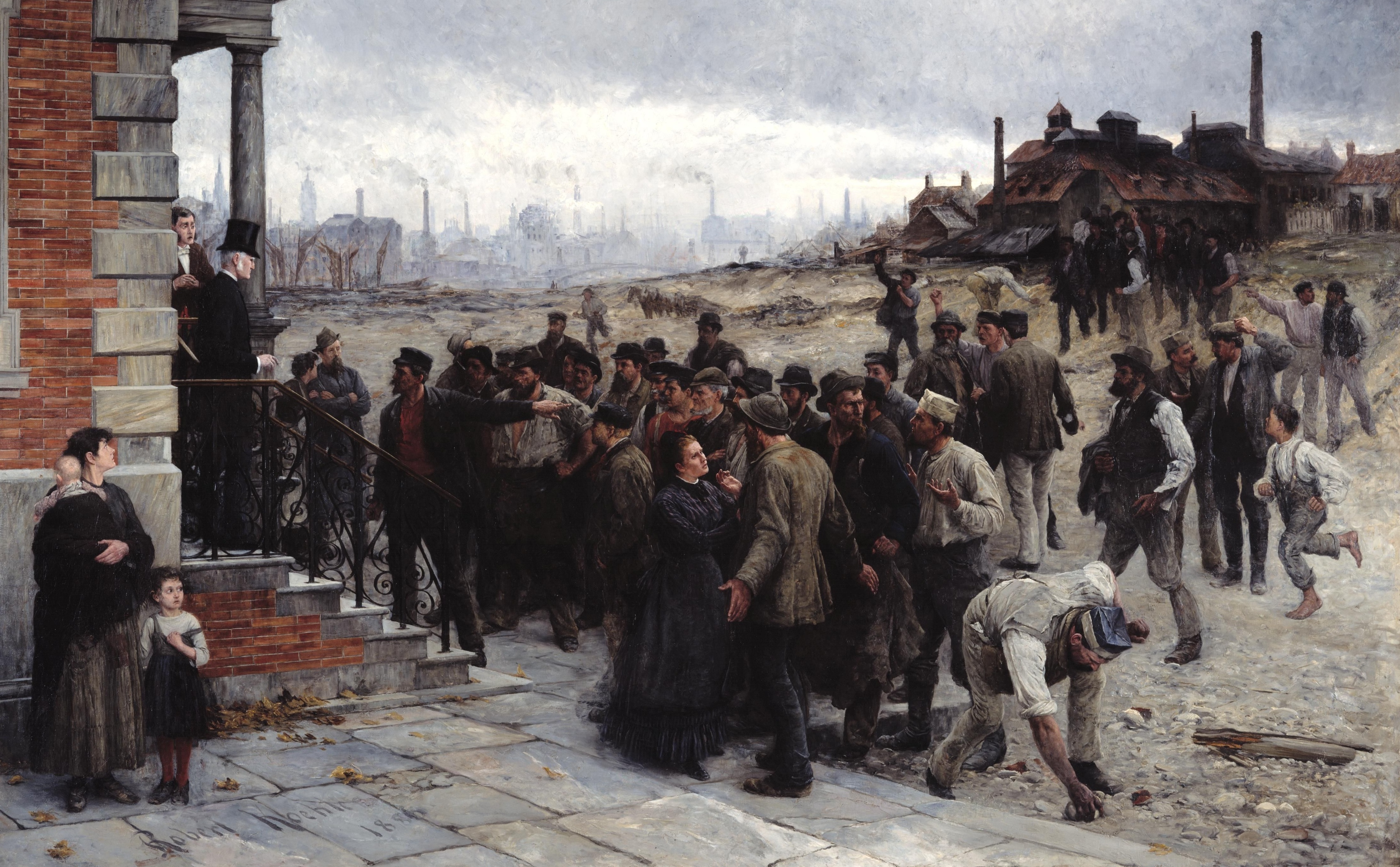 Robert Koehler's 1886 painting "The Strike" exemplifies the gritty focus of realism, depicting the plausible, everyday struggles of working-class individuals rather than romanticized heroes.