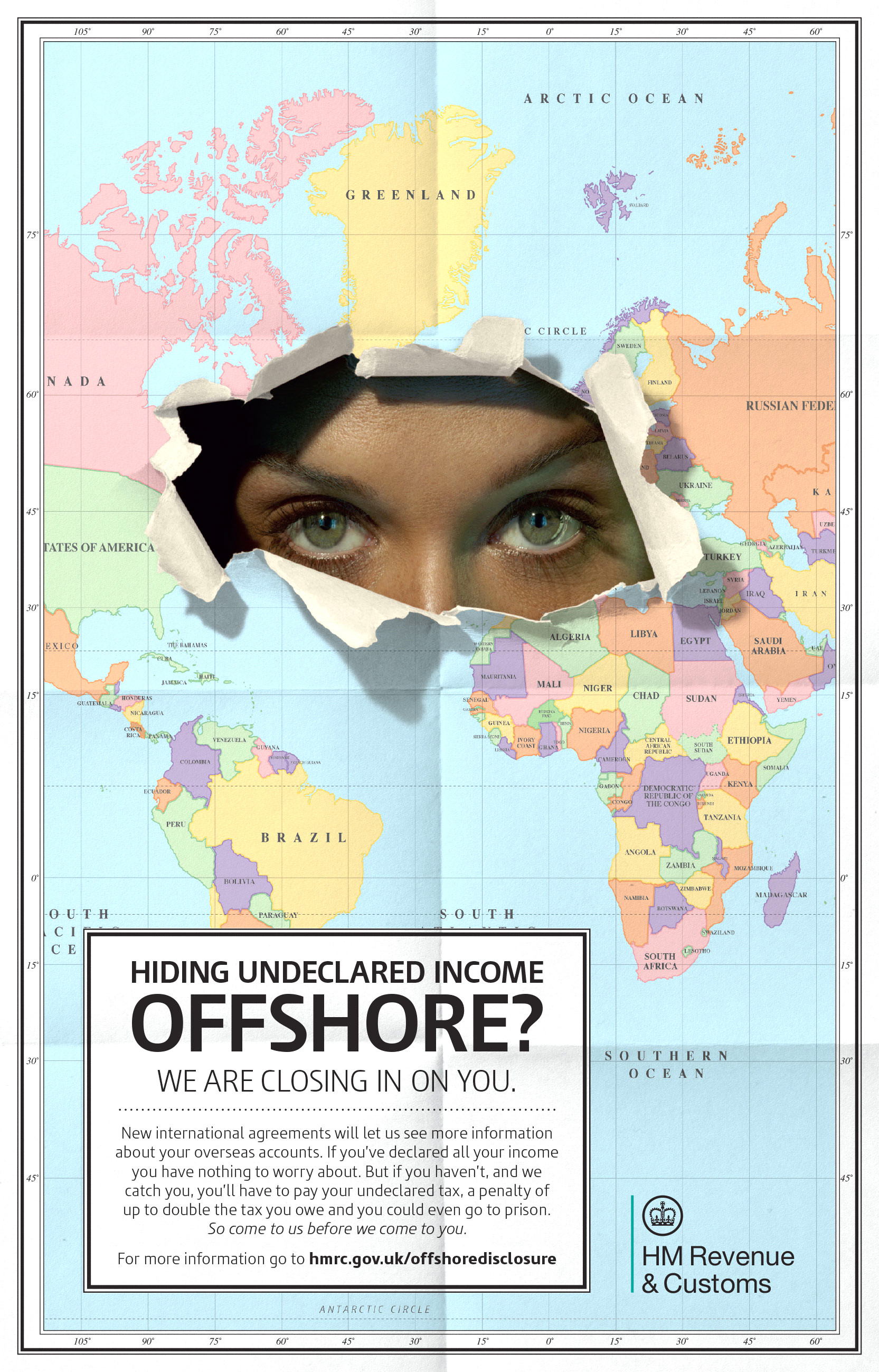 A British tax-authority poster warning against offshore tax evasion — one of the foreign predicate offences, alongside bribery and drug trafficking, that can generate 'criminal property' under POCA even without any UK conduct.