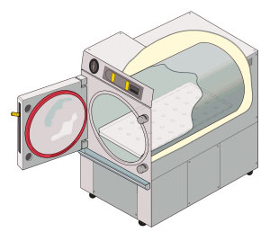 A cutaway illustration of an autoclave, which uses pressurized steam to reach the 121 degrees Celsius required to destroy resilient bacterial endospores.