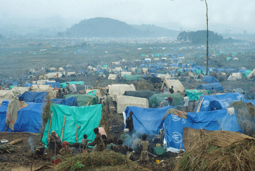 A sprawling refugee camp in neighboring Zaire (now the DRC) sheltering Rwandans displaced by the 1994 genocide. Such camps illustrated the massive humanitarian crises generated by ethnonationalist conflicts in the post-Cold War era.