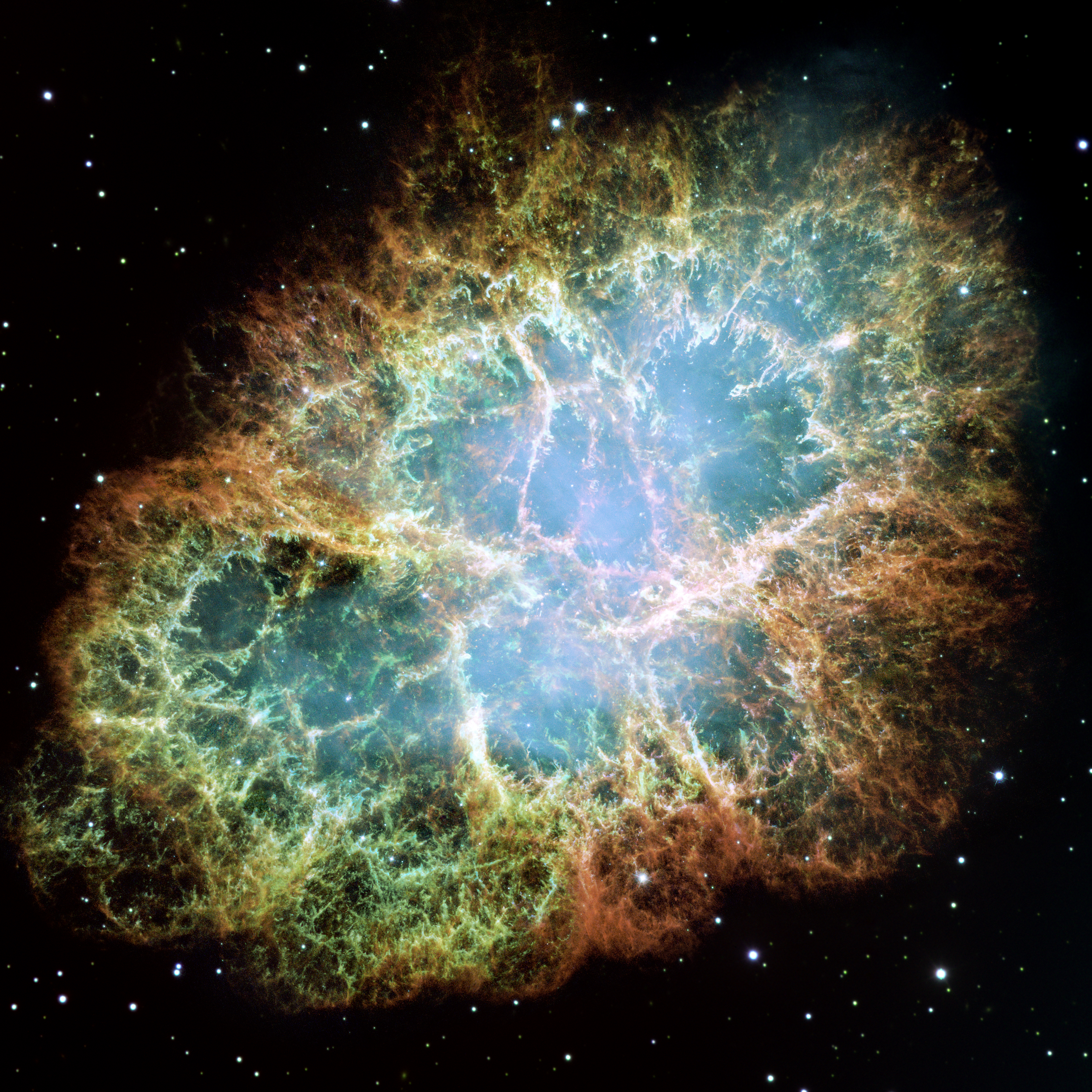 The Crab Nebula is the remnant of a supernova. Because light does not require a physical medium, the luminous energy from the explosion travels freely across the vacuum of space, but the explosive event itself produces no sound.