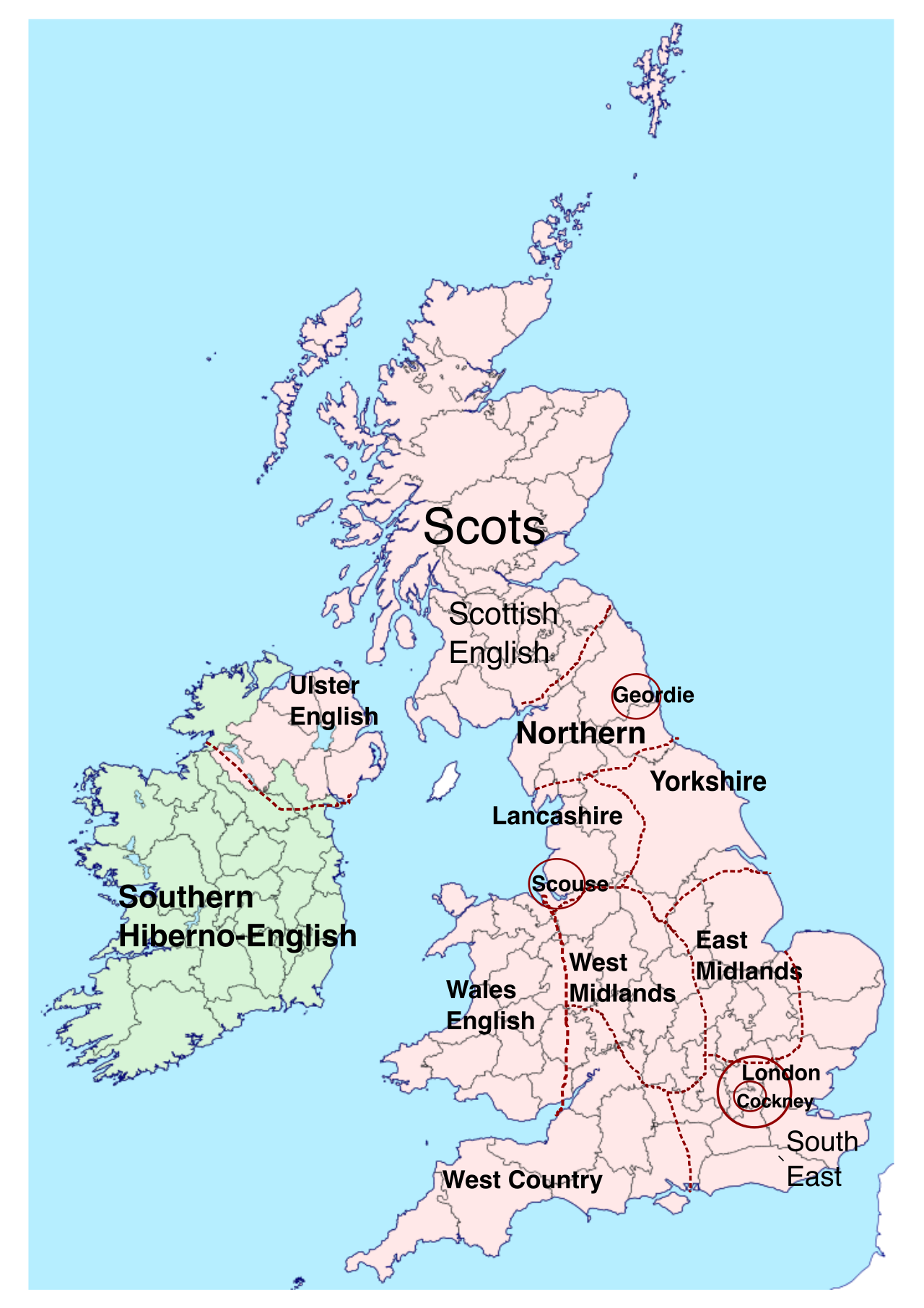 Dialect regions, such as these across the United Kingdom and Ireland, visually map out distinct geographic variations in vocabulary, grammar, and pronunciation.