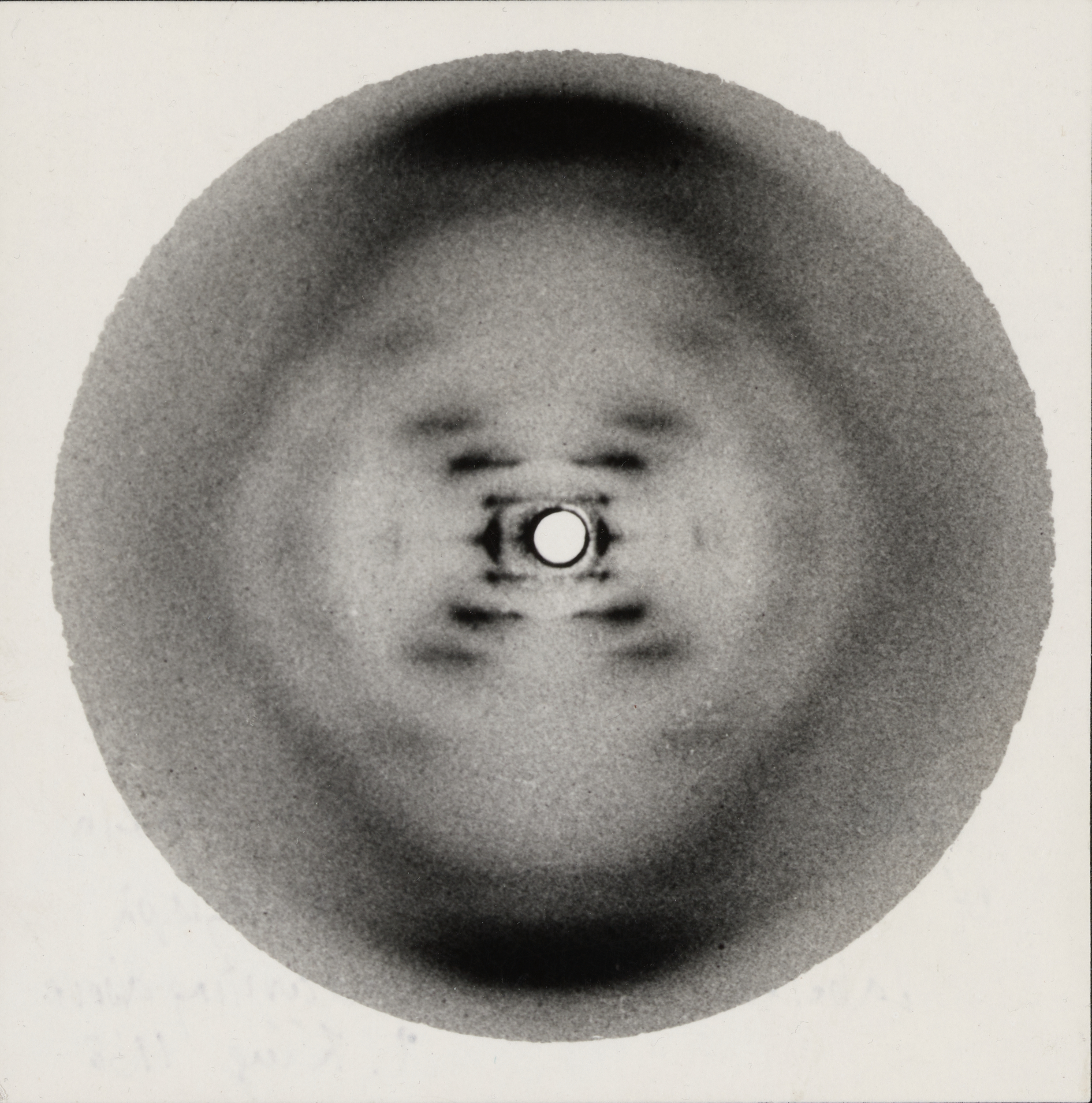 Photo 51: Rosalind Franklin's famous X-ray diffraction image of DNA, which provided the empirical evidence needed to deduce the mathematical symmetry and uniform diameter of the double helix.