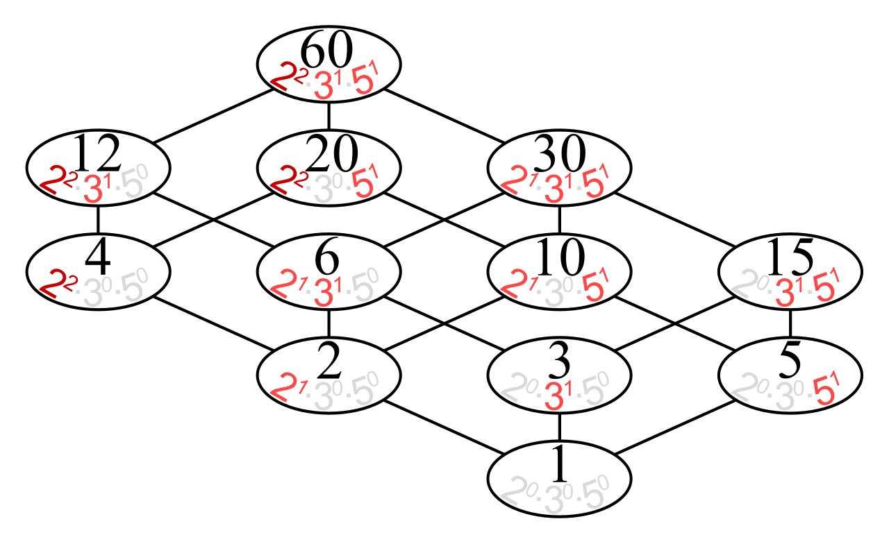 A divisibility lattice for the number 60, visualizing how its prime factors combine to generate its 12 total positive divisors.