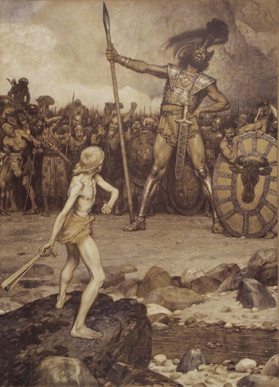 An 1888 painting of David and Goliath. Alluding to this well-known narrative acts as a cognitive shortcut, allowing an author to instantly convey a severe power disparity to the reader without writing a lengthy explanation.