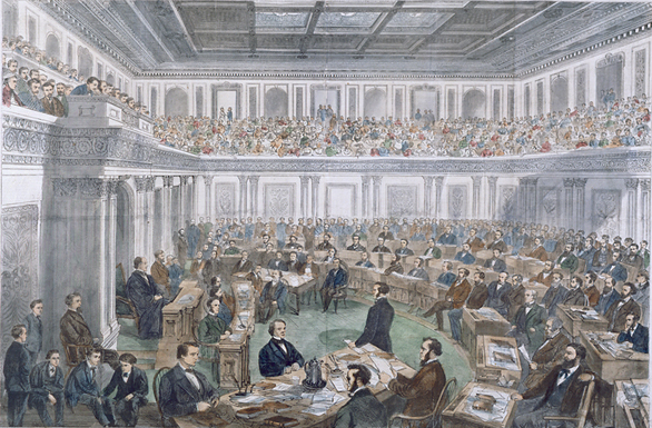 The impeachment trial of President Andrew Johnson in the United States Senate in 1868. He was ultimately acquitted by a single vote.