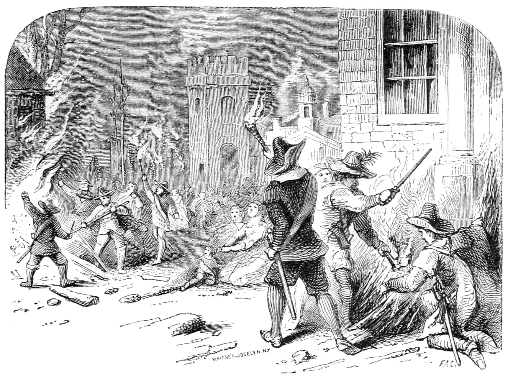 A 19th-century engraving depicting the burning of Jamestown during Bacon's Rebellion, a pivotal conflict that hastened the transition from indentured servitude to racial slavery.