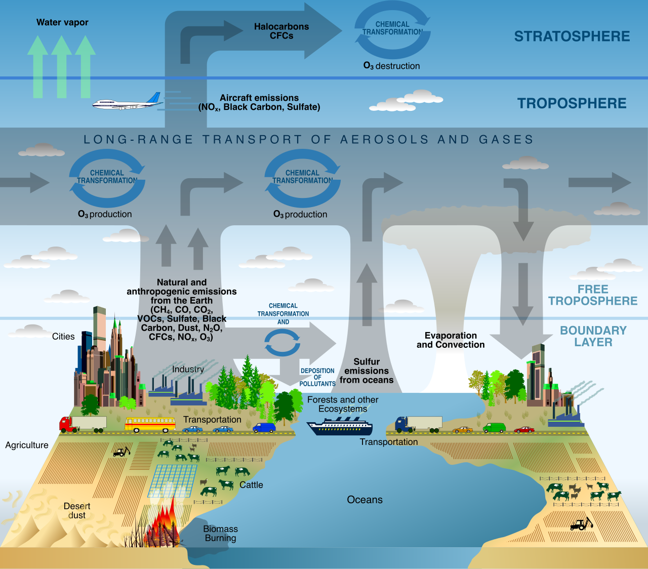 A scientific model depicting the chemical and transport processes of Earth's atmosphere. Models allow scientists to visualize and analyze complex, large-scale systems that cannot be easily studied in a standard laboratory.