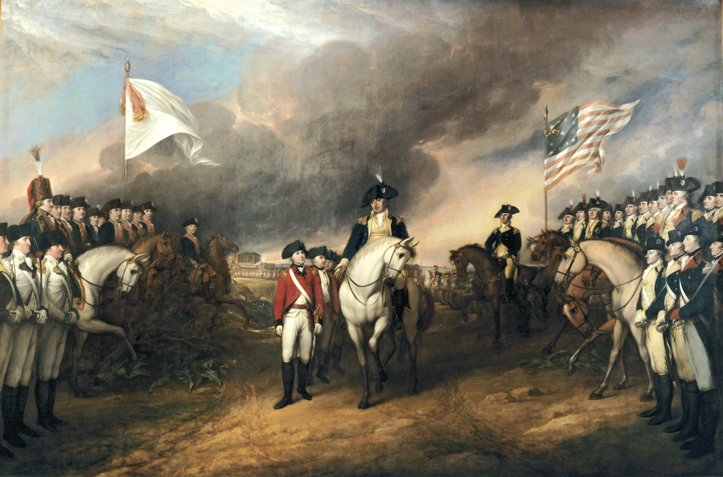 John Trumbull's painting of the British surrender at Yorktown in 1781. The prominent presence of French forces on the left highlights the essential role of the French alliance in securing American independence.