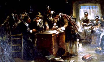 An artist's depiction of the signing of the Mayflower Compact in 1620, a foundational document establishing self-government and majority rule for the Plymouth Colony.