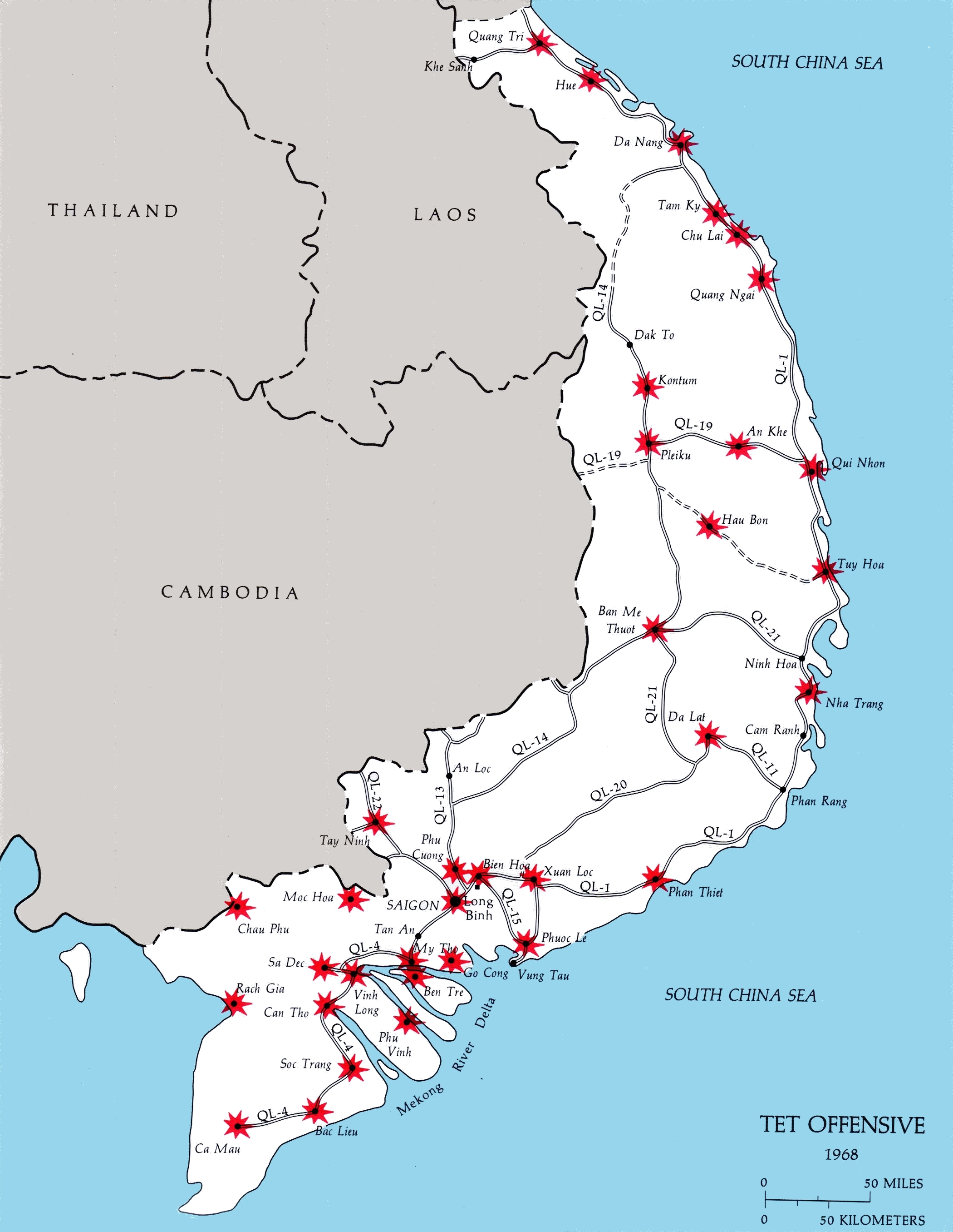 Map detailing the major targets of the 1968 Tet Offensive, a massive coordinated surprise attack by communist forces against South Vietnam.
