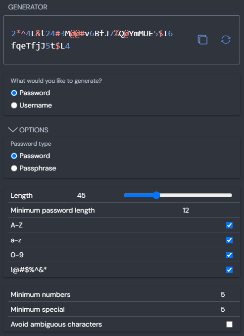 A password generation tool illustrating the four core complexity categories: uppercase letters, lowercase letters, numbers, and special characters.