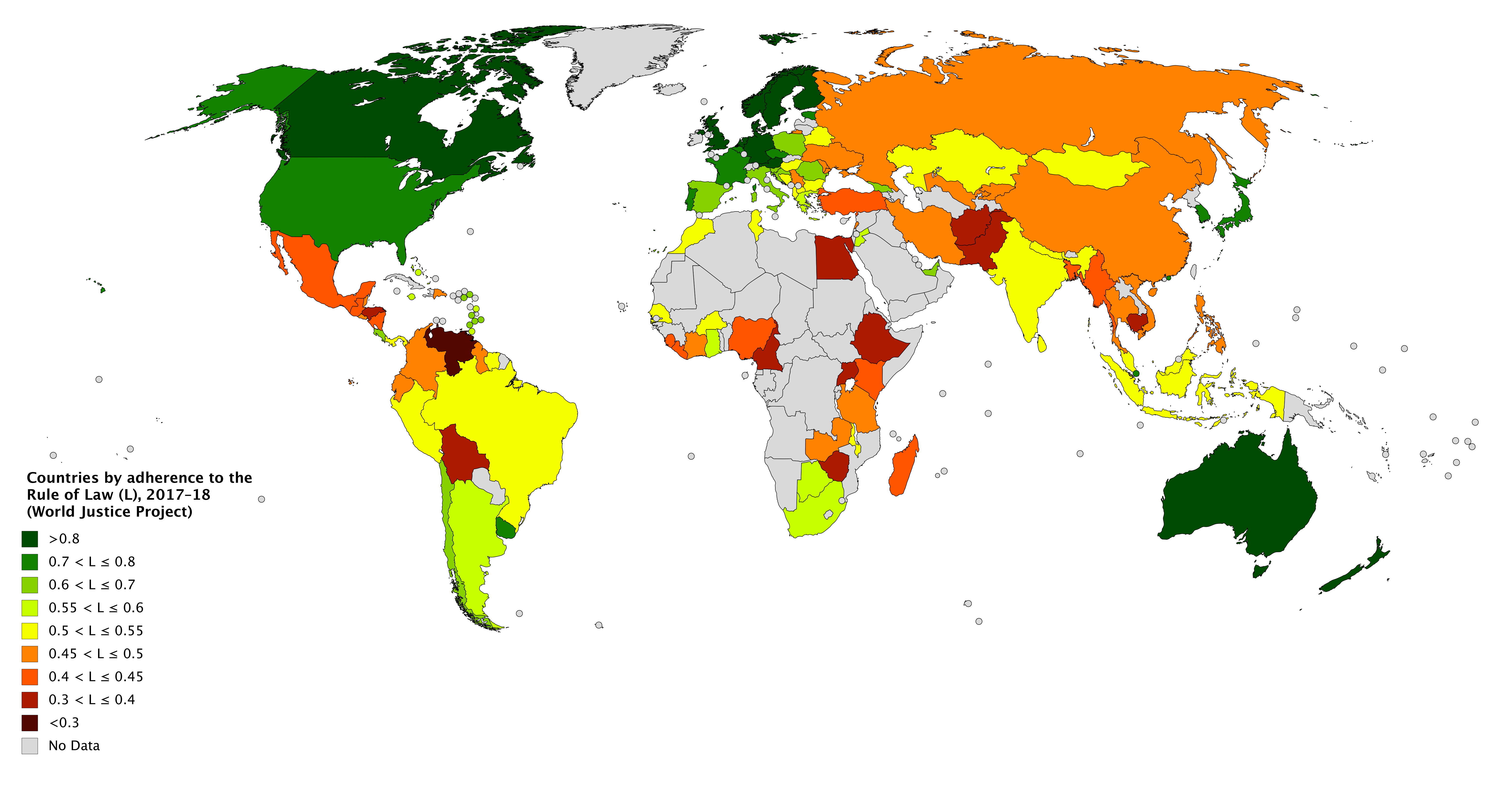 A global ranking of countries by adherence to the rule of law — a reminder that the principle examined here is a matter of degree, not an all-or-nothing guarantee.