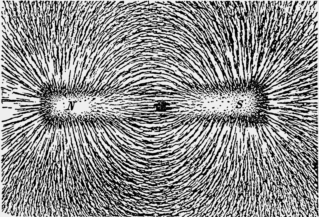 Iron filings sprinkled around a bar magnet align themselves to reveal the shape of its invisible magnetic field, demonstrating how the non-contact force loops between the distinct north and south poles.