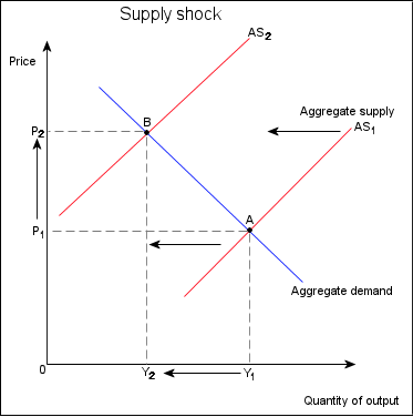 An economic model demonstrating a negative supply shock. As the aggregate supply curve shifts to the left, the economy reaches a new equilibrium characterized by both reduced output and higher price levels.