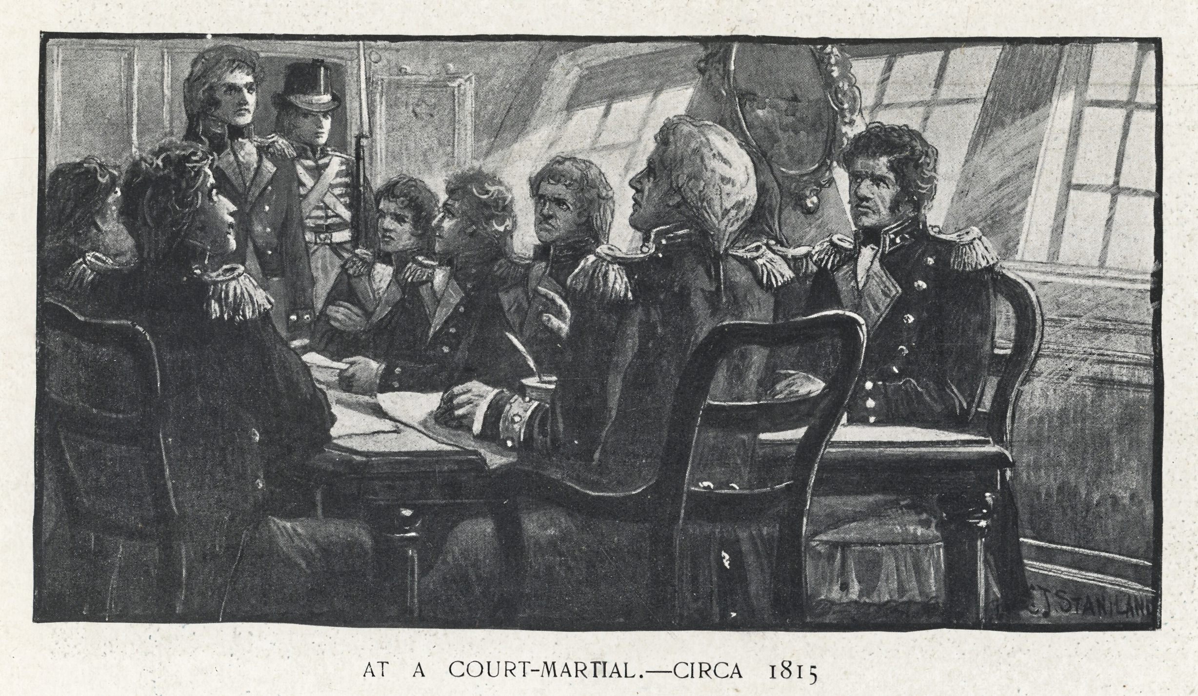 Illustration of a naval court-martial. Dishonorable discharges, which are not protected under the Illinois Human Rights Act, are typically the result of serious offenses adjudicated through a court-martial rather than administrative issues.