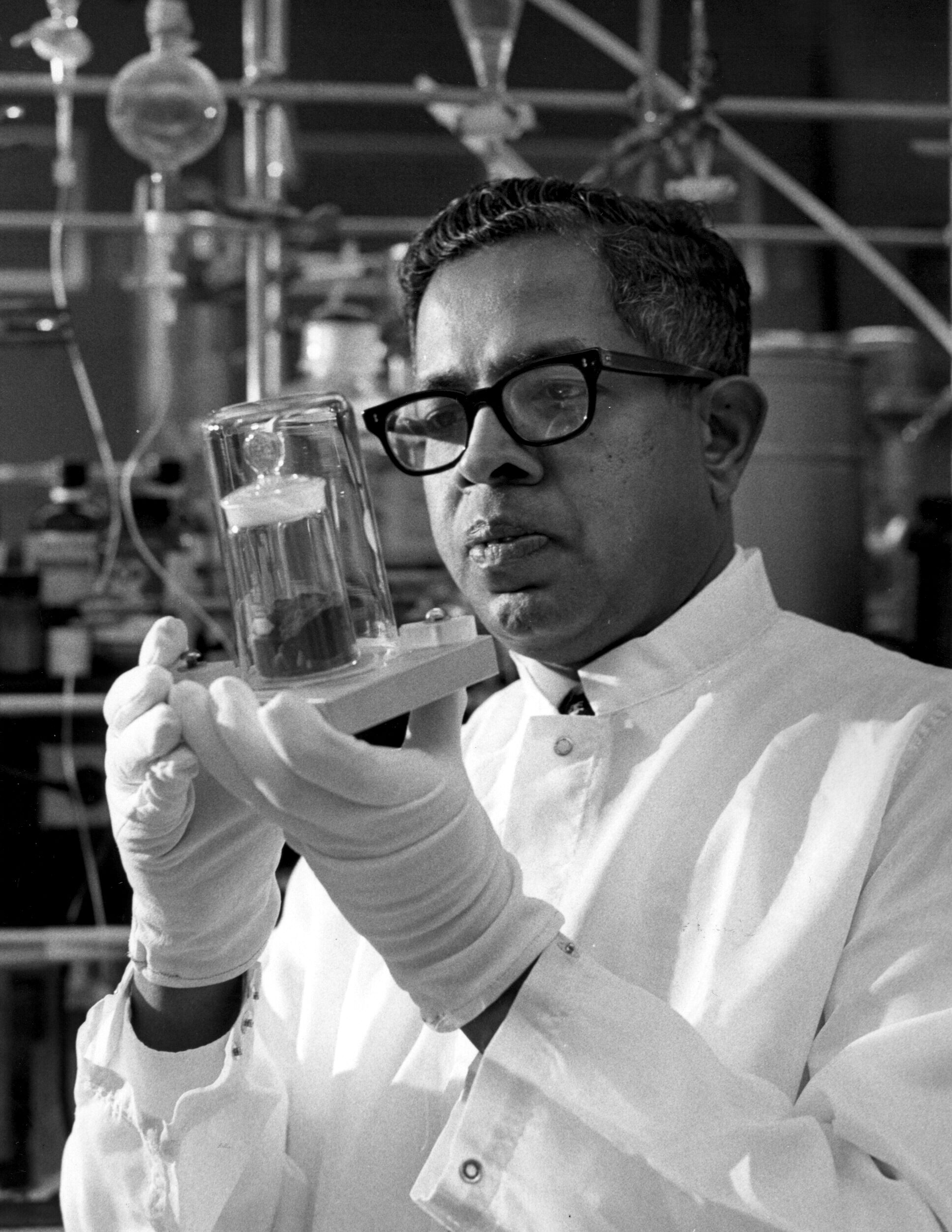 A scientist examining a sample within their field of expertise — the kind of accredited specialist knowledge that qualifies a witness to give opinion evidence under the expert-witness exception to the opinion rule.