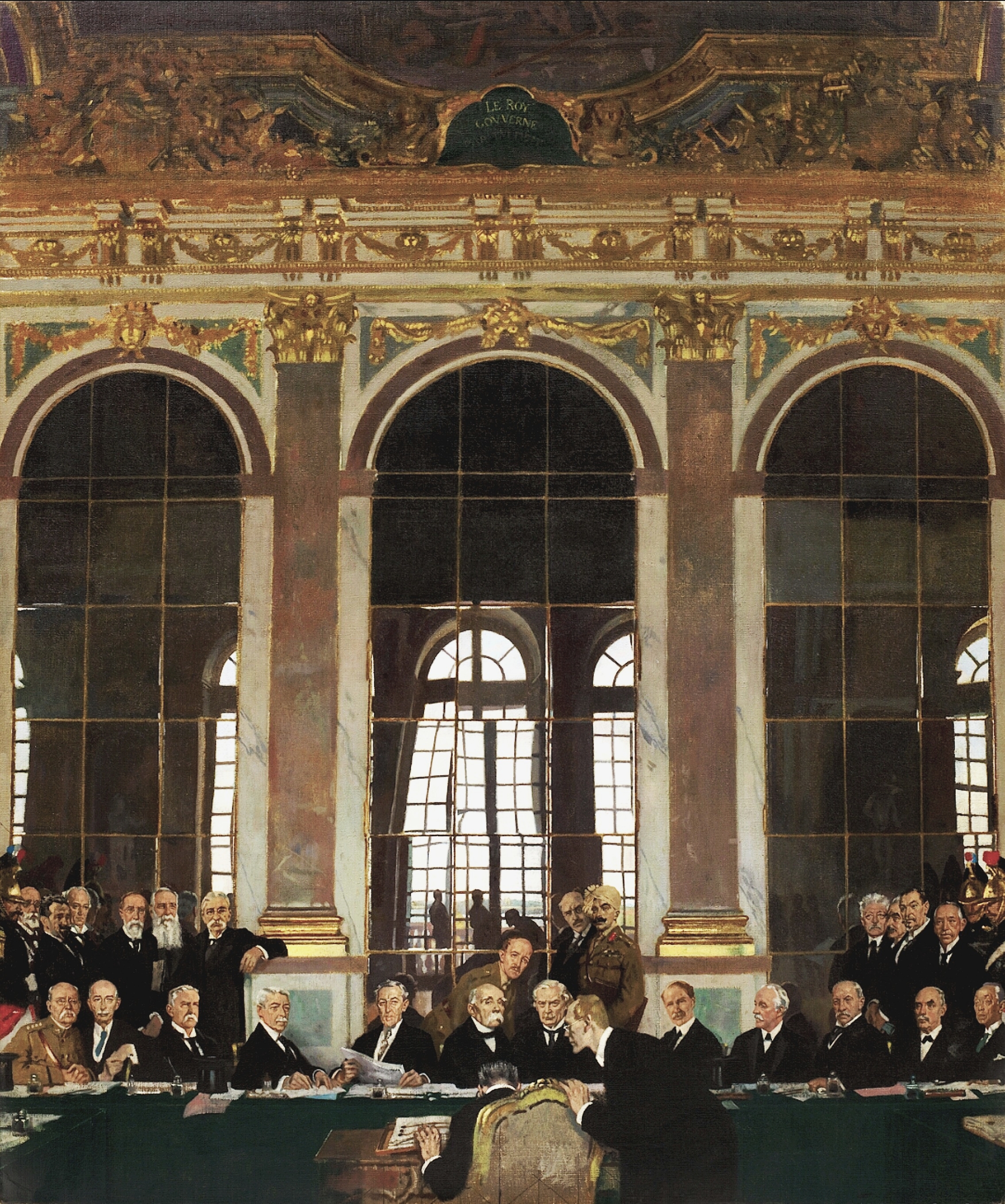 The signing of the Treaty of Versailles in the Hall of Mirrors in 1919, which imposed heavy reparations and the "War Guilt" clause on Germany.