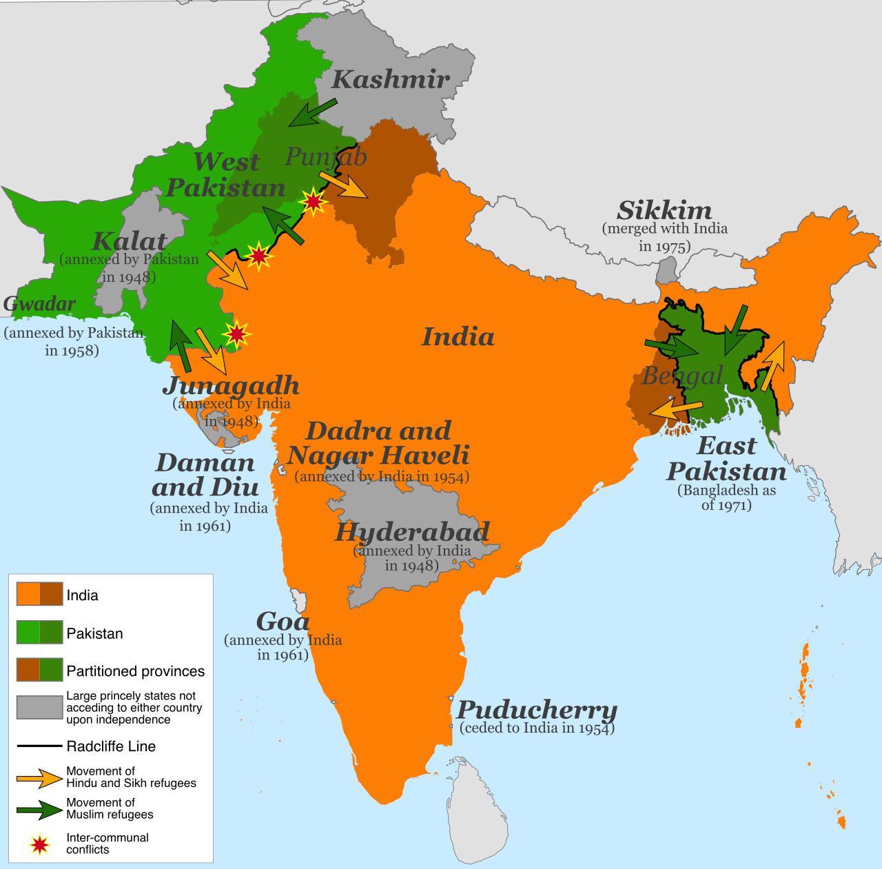 Map detailing the 1947 partition of British India into the independent dominions of Hindu-majority India and Muslim-majority Pakistan.