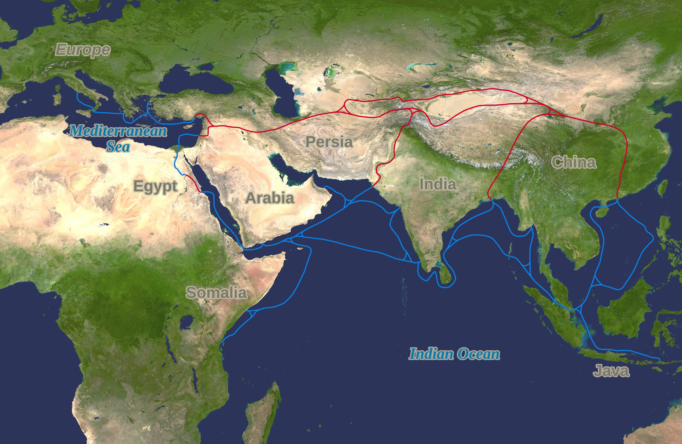 Map showing the traditional Silk Road and oceanic spice trade routes connecting Asia to Europe. The Ottoman capture of Constantinople in 1453 disrupted these vital networks, prompting the European search for alternative sea routes.