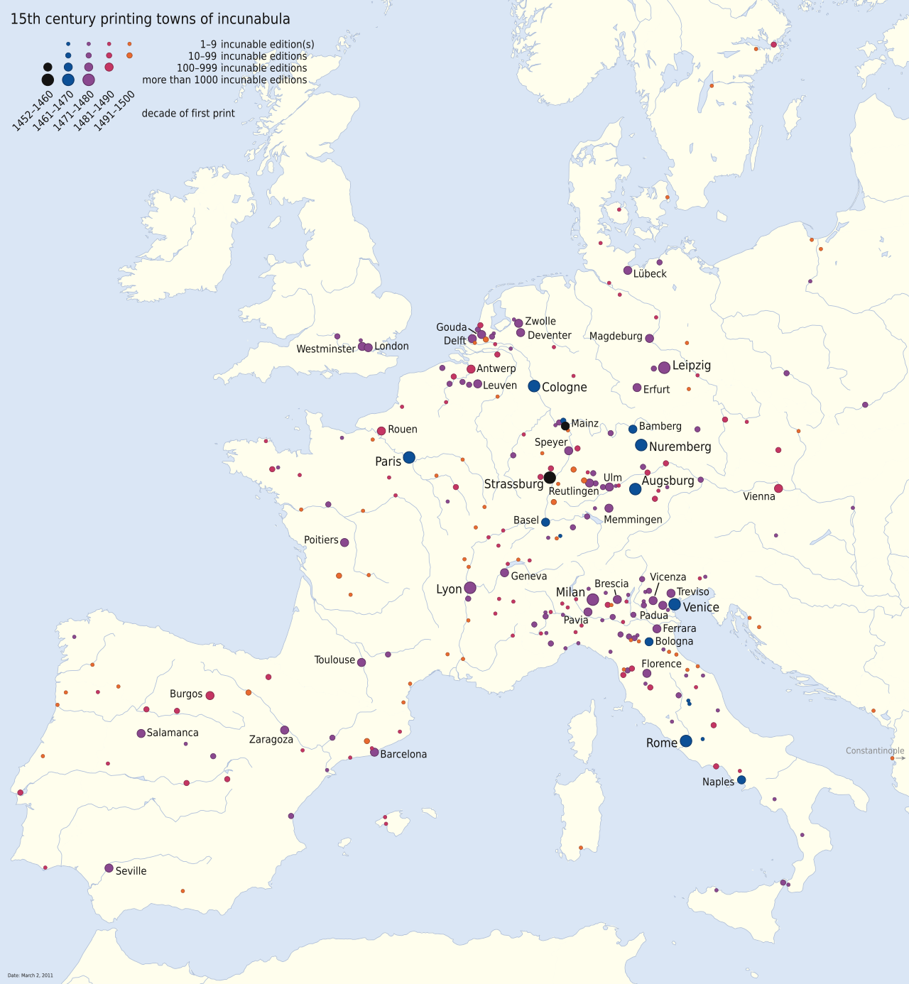 The rapid geographic spread of printing presses across Europe in the 15th century is a classic historical example of spatial diffusion, mapping how a technological innovation moves outward from its cultural hearth.
