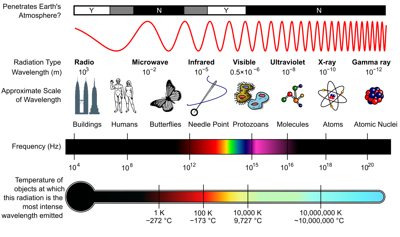 The electromagnetic spectrum spans from low-frequency, long-wavelength radio waves to high-frequency, high-energy gamma rays. Visible light constitutes only a very small band within this continuum.
