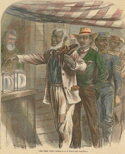 "The First Vote" (1867). During Reconstruction, the presence of federal troops and the passage of the 15th Amendment briefly enabled African American men to vote and participate in a multiracial democracy.