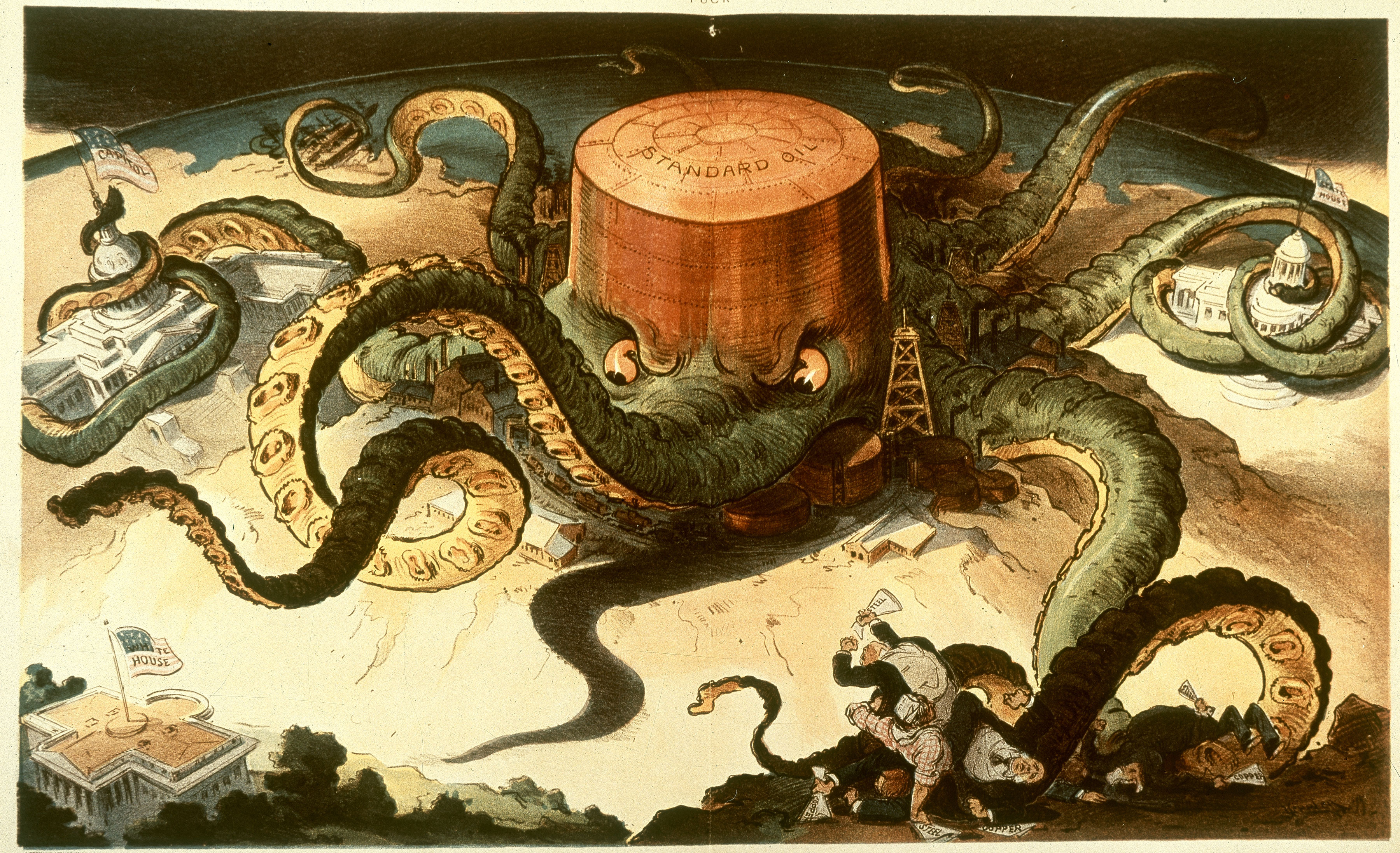 A 1904 political cartoon depicting Standard Oil as an all-powerful octopus, illustrating for students how monopolies grabbed control of different industries and eliminated competition.