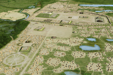An artist's reconstruction of Cahokia, a massive Mississippian mound city that served as a major religious, political, and population center in the pre-contact Southeast.