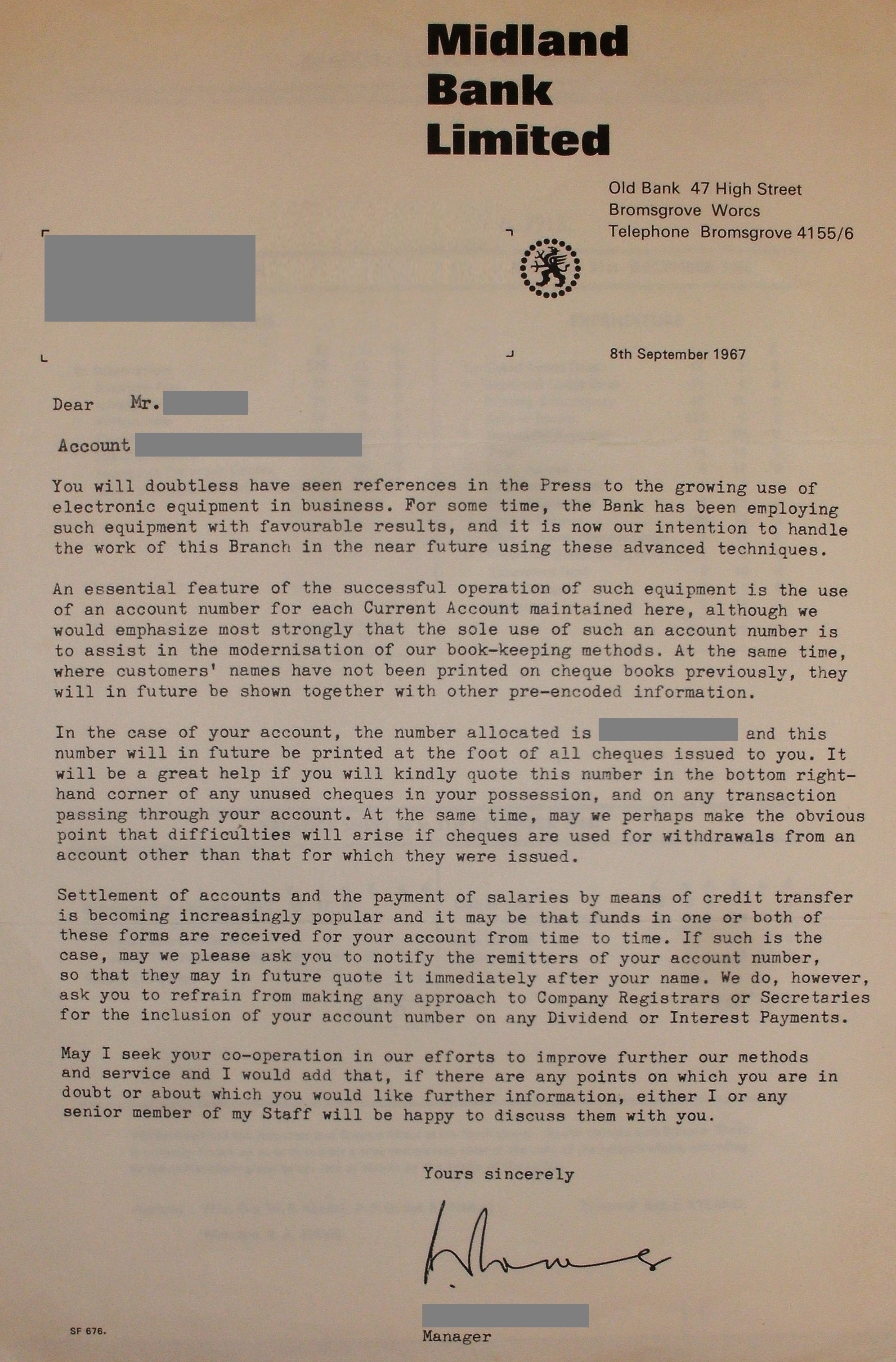 A letter from a bank to its customer about their account — illustrating the textbook third party debt order scenario, where a bank that owes money to the debtor is ordered to pay the creditor instead.