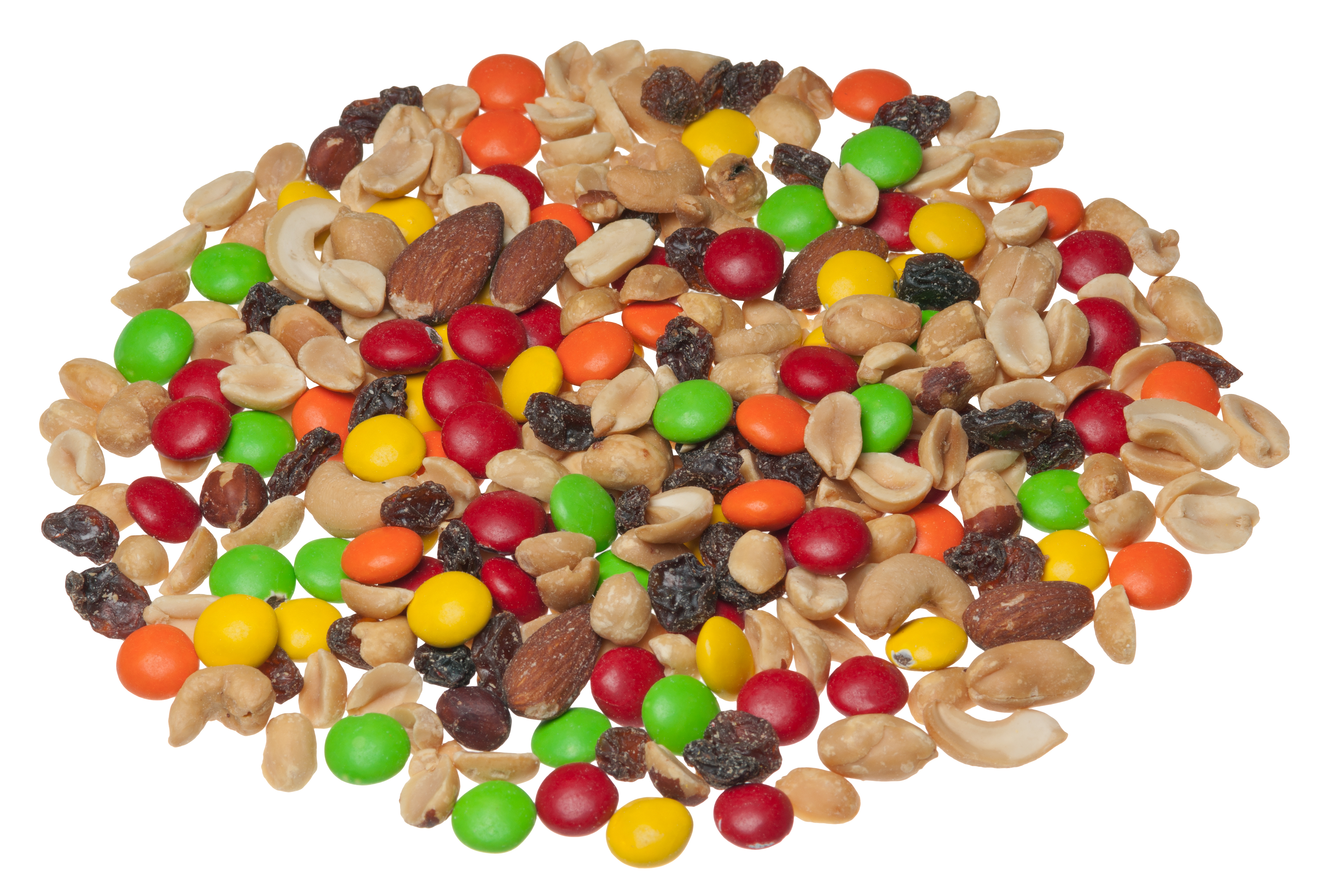 Trail mix is a heterogeneous mixture where the individual components—such as nuts, seeds, and raisins—remain distinct and unevenly distributed.