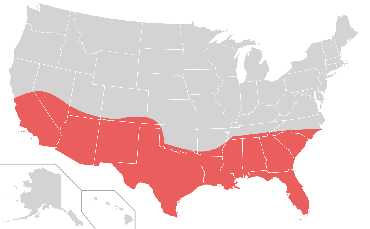 Map highlighting the U.S. Sun Belt, which experienced a massive demographic and electoral boom in the late 20th century as populations shifted away from the declining manufacturing centers of the Rust Belt.