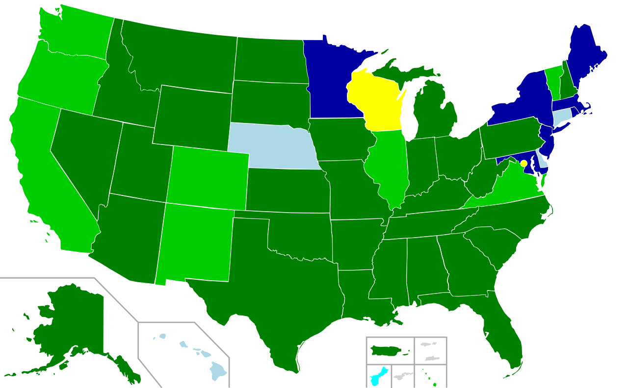A map illustrating the variation in U.S. self-defense laws. Unlike states with "stand-your-ground" statutes, New York generally imposes a strict duty to retreat before deadly force can be justified.
