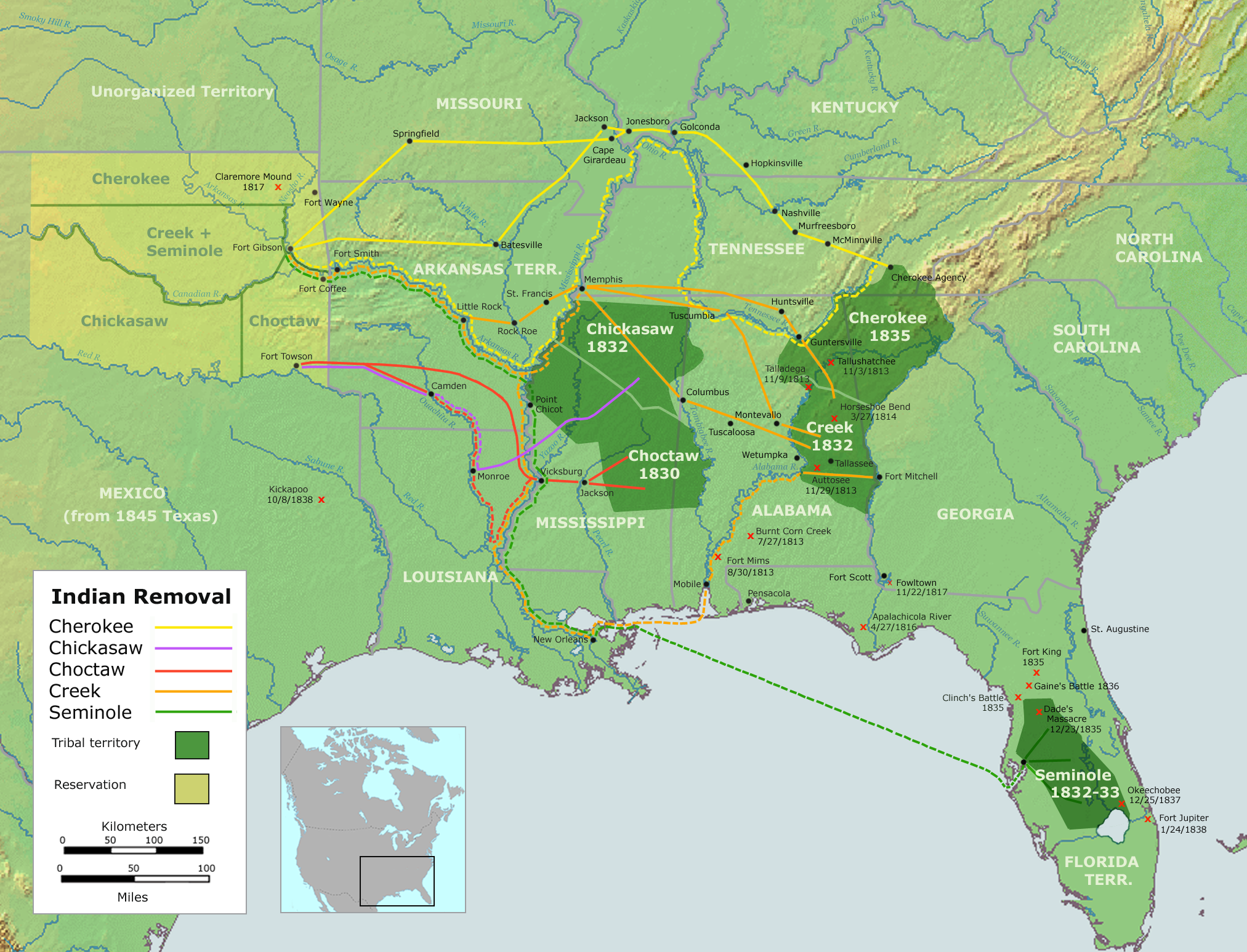 The routes of the Trail of Tears (1830–1838), charting the federally mandated forced relocation of Native American tribes from the American Southeast to designated lands west of the Mississippi River.