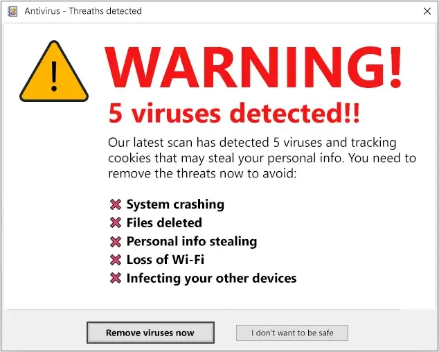 An example of a scareware pop-up designed to mimic legitimate operating system security alerts, coercing users into downloading malicious payloads under the guise of an antivirus scan.