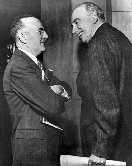 Economists Harry Dexter White (left) and John Maynard Keynes (right), who were instrumental in drafting the 1944 Bretton Woods Agreement, which established a post-war system of fixed exchange rates.