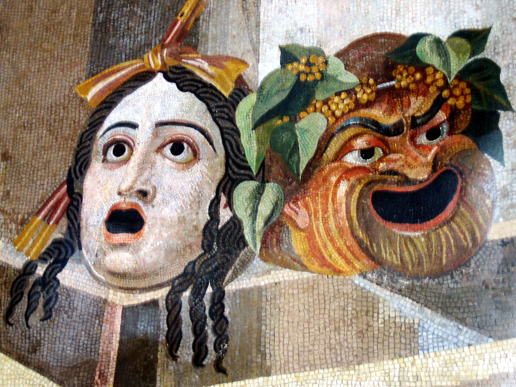 The classic masks of Comedy and Tragedy (depicted here in an ancient Roman mosaic) represent the two primary tonal arcs of historical drama: resolving in humorous harmony or a hero's downfall.