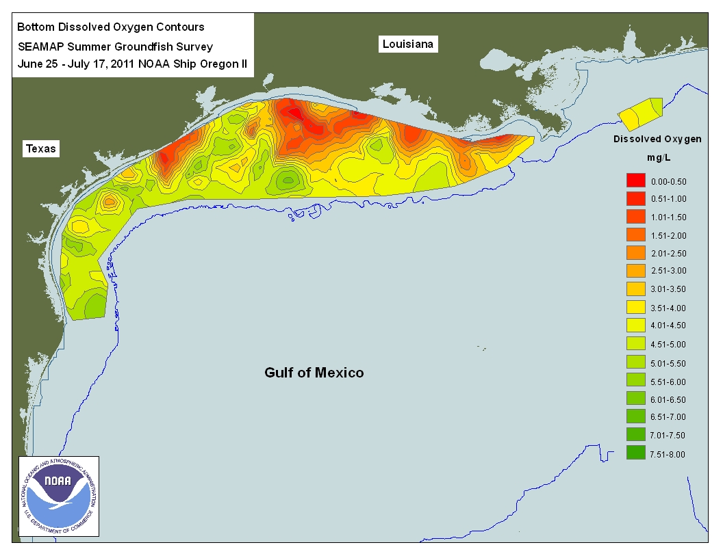 A map showing the massive hypoxic "dead zone" in the Gulf of Mexico, an ecological crisis largely driven by long-distance nonpoint source pollution from agricultural fertilizer runoff down the Mississippi River.