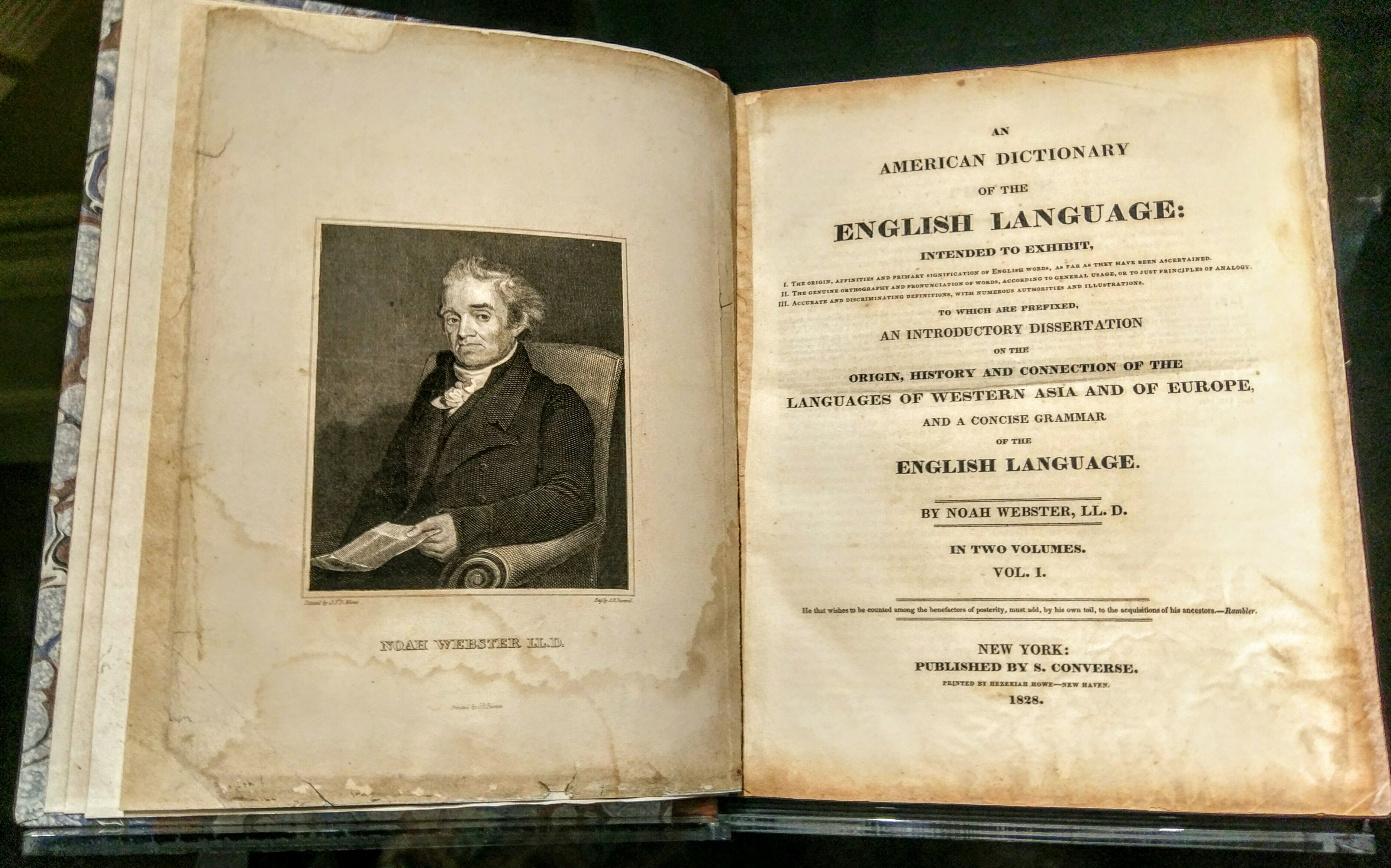 The title page of Noah Webster's 1828 dictionary. By deliberately altering British spellings, Webster sought to codify a uniquely American version of Standard English.