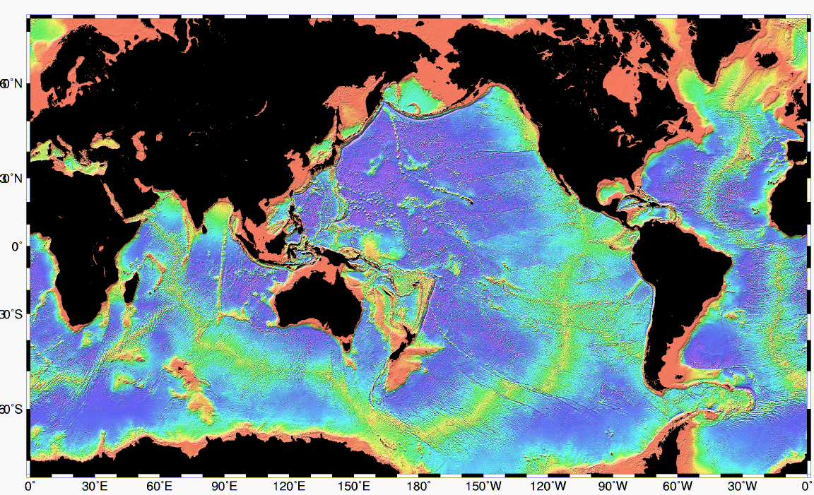 Bathymetry of the ocean floor revealing the mid-ocean ridges (highlighted in yellow-green). These massive underwater mountain systems are formed by continuous magma eruptions at divergent plate boundaries.