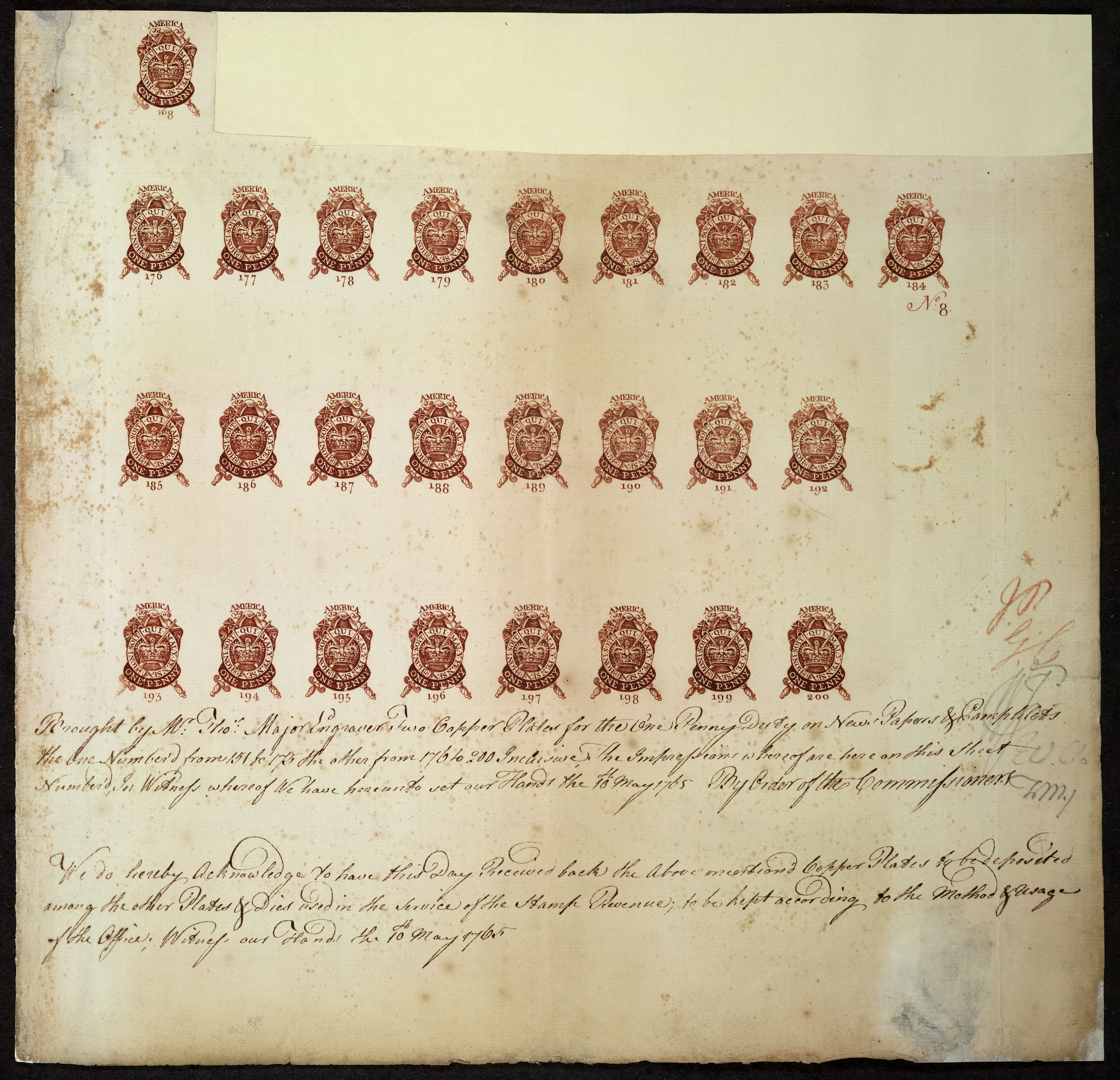 A proof sheet of one-penny stamps. The Stamp Act required colonists to pay a direct, internal tax on nearly all printed materials.
